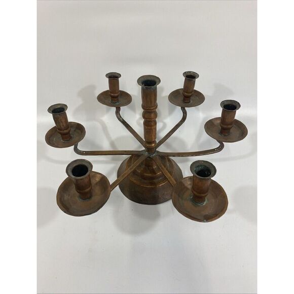 Antique Old Primitive 7 Candle Copper Hand Forged Cottage Candelabra 17” x 11” - Picture 3 of 15